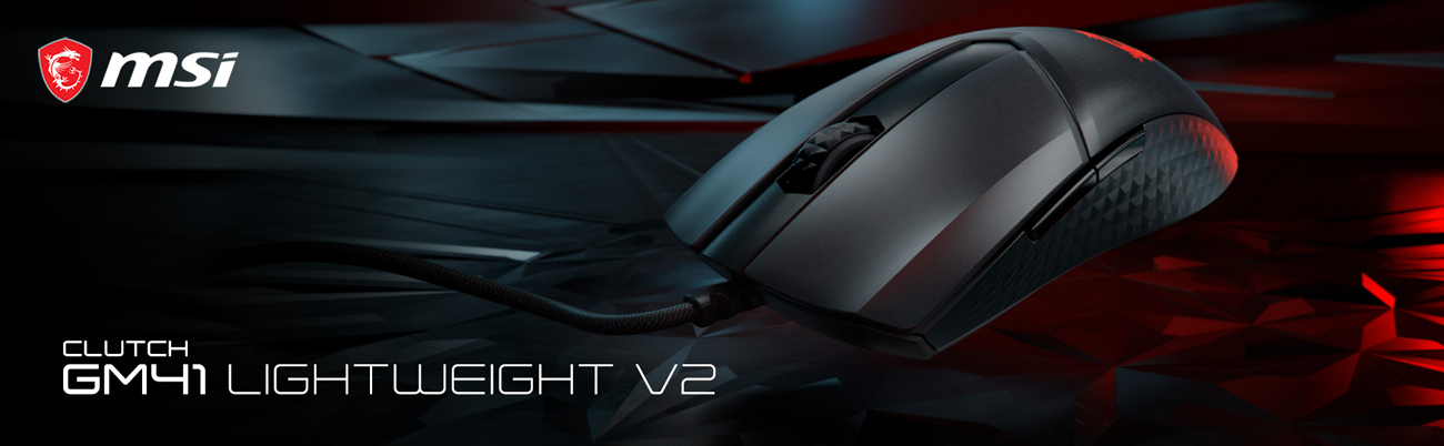 A CLUTCH GM41 LIGHTWEIGHT V2 mouse is displaed against a backgroud of geometric space lighted up